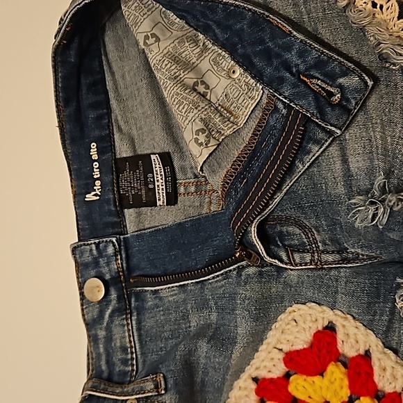 Hand Crafted Upcycled Denim Crochet Shorts Granny Square Handmade High rise 29 - Picture 13 of 17